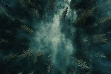 Obraz premium Paesaggio del bosco in montagna d'urante l'autunno con nebbia