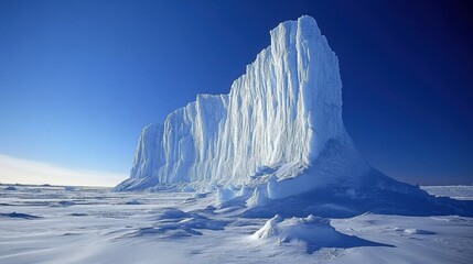 Majestic Iceberg Towering Over Frozen Wilderness with Clear Blue Sky