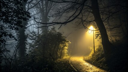 Fototapeta premium Foggy Forest Path Night Scene Composition, Golden Light, Dark Trees, Mysterious Road, Landscape Photography Night Photography, Forest Path