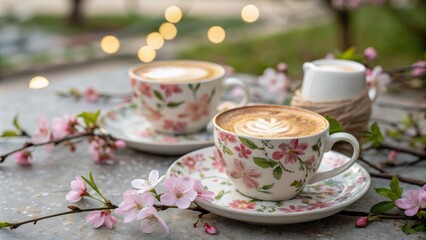 Floral Coffee Cups Spring Latte Art, Two Cups, Soft Focus Background, Pink Blossoms, Garden Setting. Coffee, Spring