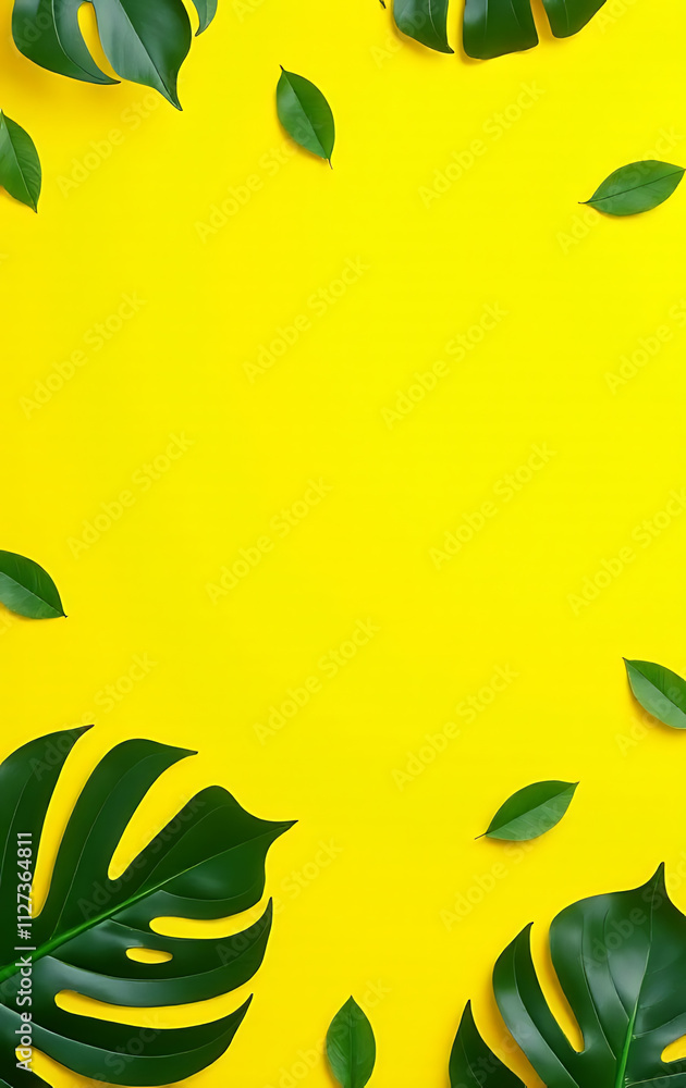 Aufkleber tropical leaves scatter across a bright yellow tabletop, creating a unique workspace design and flat