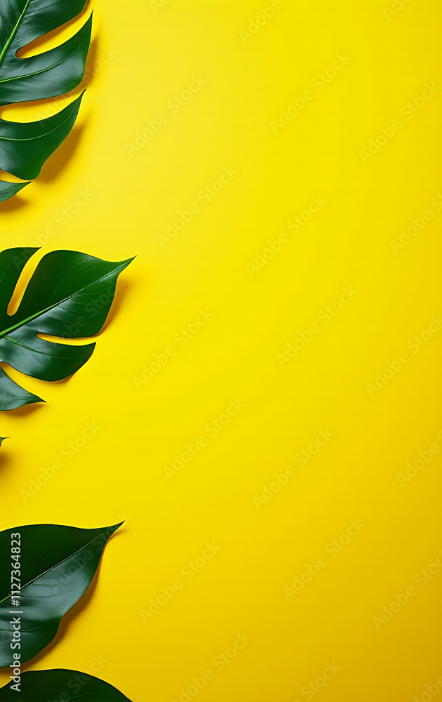 Aufkleber tropical leaves scatter across a bright yellow tabletop, creating a unique workspace design and flat
