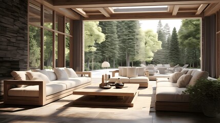 The open-air living room interior design perfectly blends the interior and exterior environments. There are large doors that let in fresh air, a modern sofa, and a wooden coffee table.