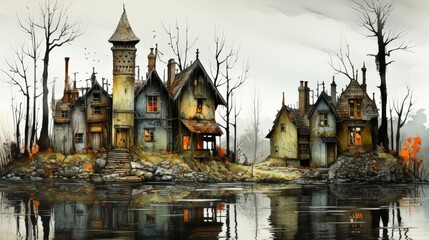 Obraz premium An eerie, abandoned village scene by a reflective lake showcases dilapidated houses with a mysterious ambiance, perfect for horror themes, story illustrations, or atmospheric design projects,