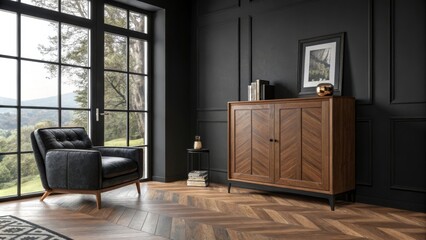 Dark Modern Living Room Interior Design Chevron Wood Floor, Walnut Cabinet, Leather Armchair, Nature View, Black Walls Interior Design, Home Decor