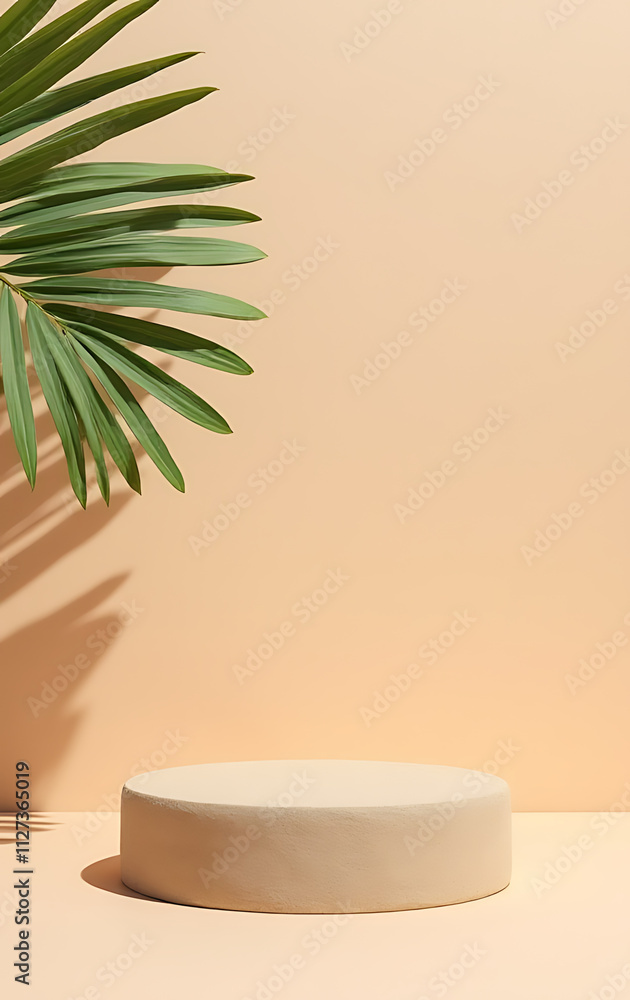 Poster Tropical design features a sandstone top product display platform with a shadow of a palm leaf against a pastel colored wall background._00003_