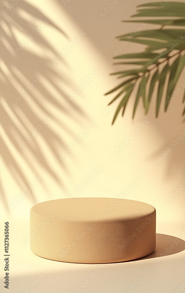 Poster Tropical design features a sandstone top product display platform with a shadow of a palm leaf against a pastel colored wall background._00002_
