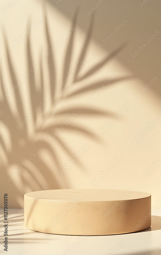 Poster Tropical design features a sandstone top product display platform with a shadow of a palm leaf against a pastel colored wall background._00001_