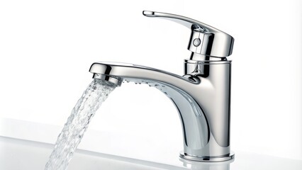 Chrome Faucet with Flowing Water Close-up Product Shot,Bathroom Fixture,Plumbing,Water Flow Bathroom Faucet, Chrome Faucet