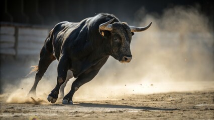Charging Black Bull Dynamic Composition, Dust and Light, Powerful Animal, Spanish Bullfight Keywords Bull, Photography