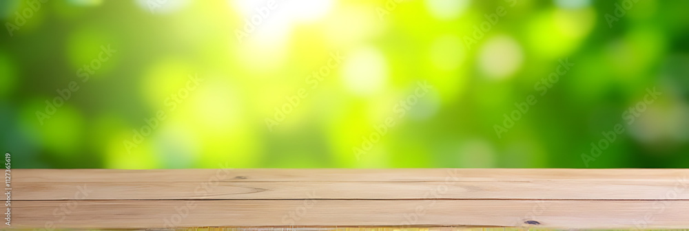 Poster the wooden tabletop is empty except for a blurred image of a vibrant green abstract floral arrangeme