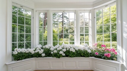 Fototapeta premium Bay Window with White and Pink Flowers, White Bay Window Seat, Floral Arrangement, Greenery View, Natural Light, Window Box Window Box, Bay Window