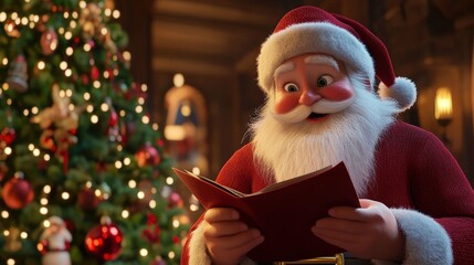 Santa Claus reading a book in a cozy Christmas setting