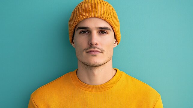 Young Man in Mustard Yellow Sweater and Beanie Teal Background