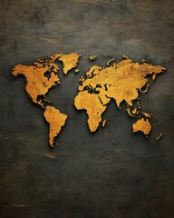 A vintage-style world map in gold against a dark textured background.