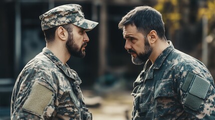 Fototapeta premium Military personnel engage in serious discussion outdoors