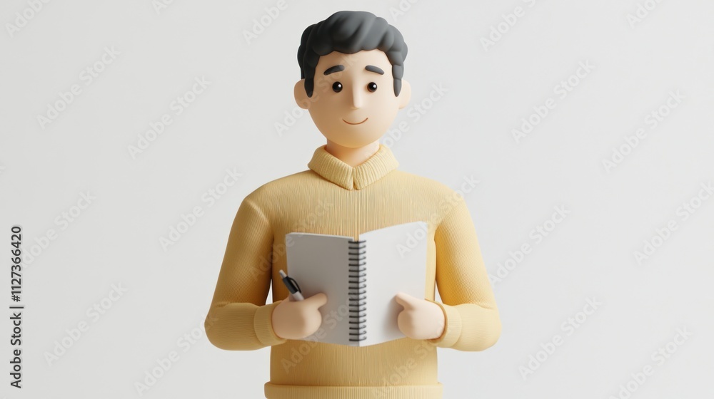 Poster a 3d character holding a notebook and pen, smiling, suggesting creativity and learning.