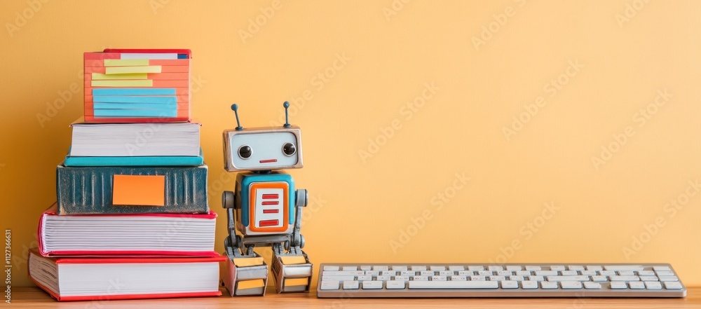 Poster A cheerful robot next to stacked books and a keyboard against a warm background.