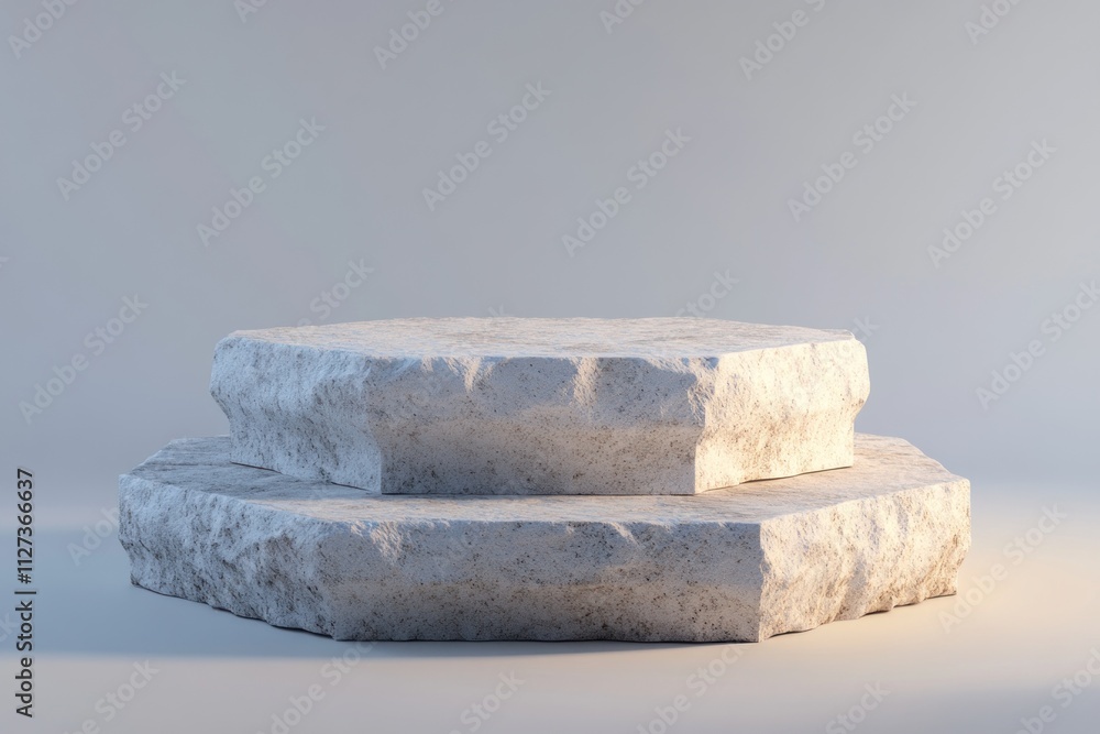 Poster a two-tiered, hexagonal stone pedestal with a rough texture, suitable for display purposes.