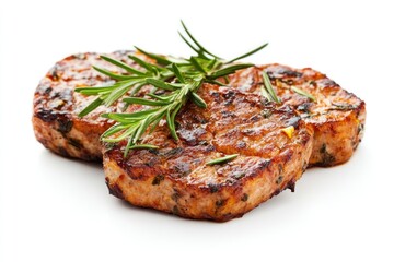 Grilled meat patties garnished with fresh rosemary on a white background.