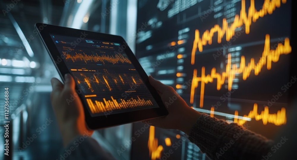 Aufkleber A person holding a tablet displaying data analytics next to a digital screen with graphs.