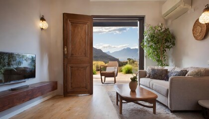 Elegant Living Room Interior with Open Door View, Showcasing Modern Decor, Natural Light, Cozy Furniture, and Inviting Atmosphere for Relaxation and Social Gatherings