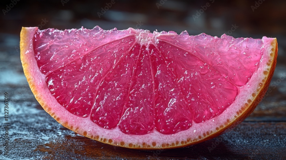 Poster vibrant pink grapefruit slice resting on rustic wooden surface illuminated by soft light