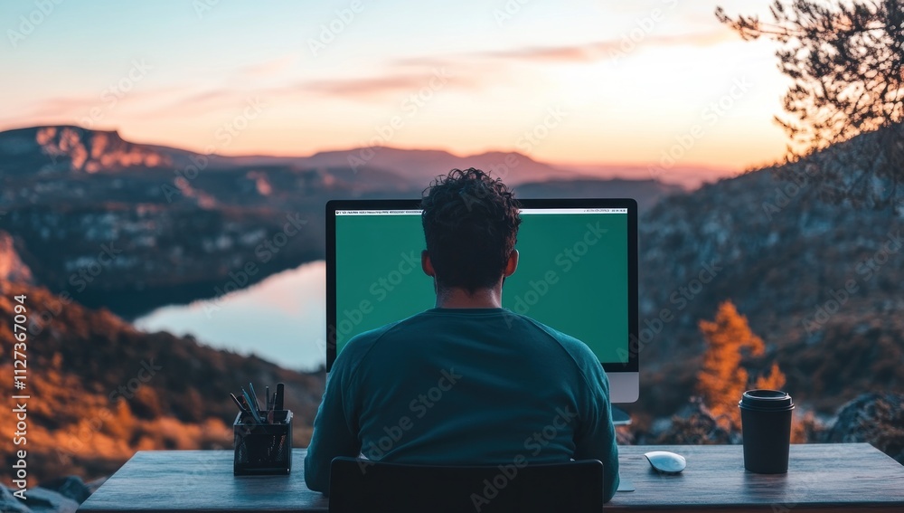 Fototapete A person working on a computer with a scenic sunset view in the background.