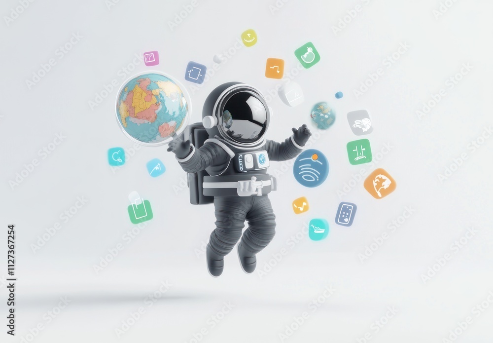 Poster An astronaut surrounded by floating icons representing technology and global connectivity.