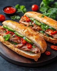 Two delicious sandwiches filled with grilled meat, vegetables, and herbs on a wooden board.