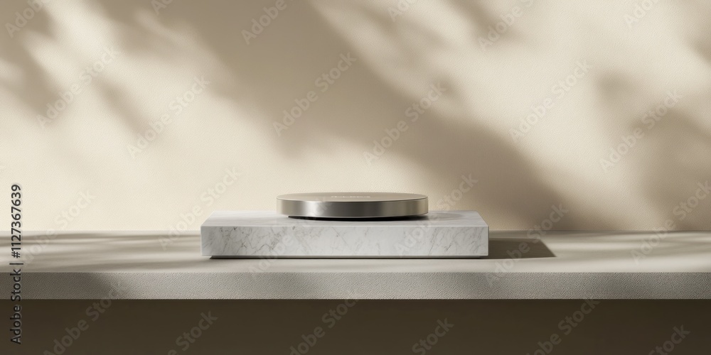 Aufkleber a minimalist display featuring a circular object on a marble base, with soft shadows.