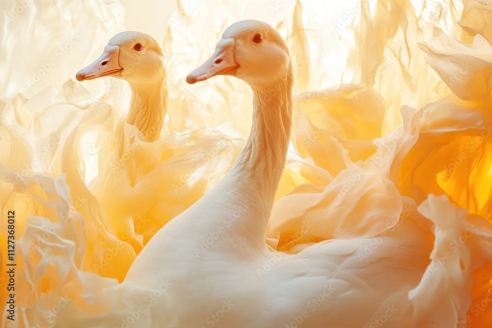Poster two elegant swans amidst soft, flowing fabric, creating a serene and ethereal atmosphere.