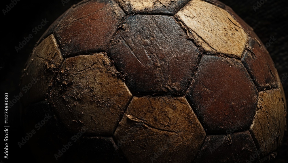 Poster a worn soccer ball with a textured surface, highlighting its age and use.