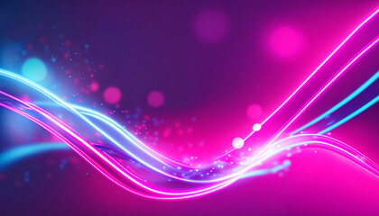 Naklejka premium Abstract futuristic background with pink blue neon lines glowing in ultraviolet light, and bokeh lights.