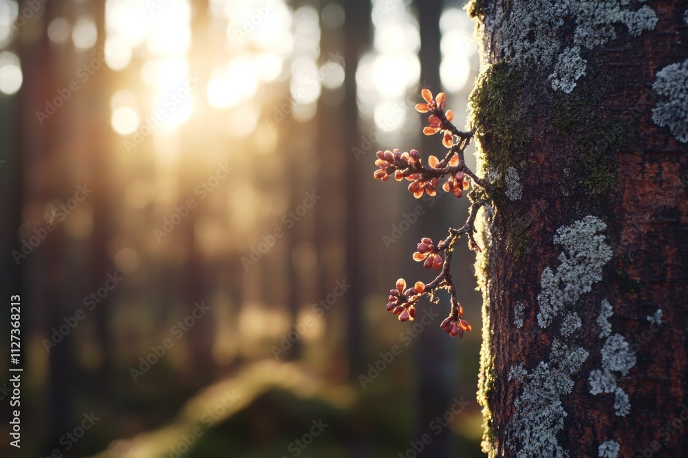 Poster a close-up of a tree trunk with moss and budding branches, illuminated by soft sunlight.