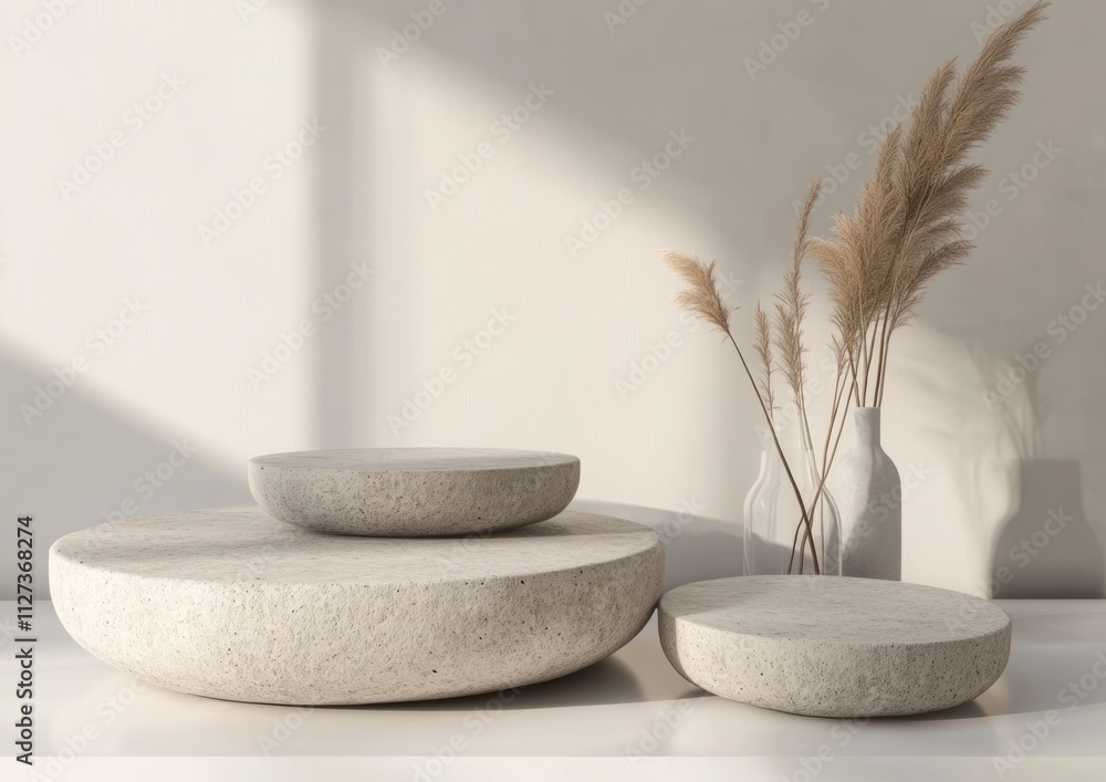 Poster Minimalist arrangement of stone-like objects and dried plants in a serene setting.