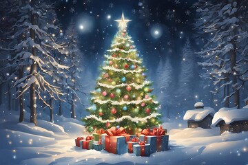 Obraz premium Christmas Tree On Snow At Night With Shiny Star And Gift Boxes In Winter Forest - Winter Abstract
