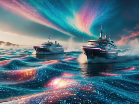 Surreal ocean of shimmering data with futuristic ships sailing on waves of binary code