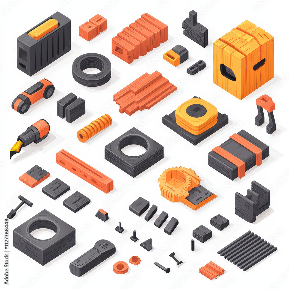 Poster modular construction components in black and orange colors, including various shapes and sizes like 