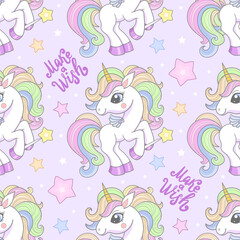 Seamless pattern with white unicorns with magic wand, stars, make a wish inscription on lilac background. For children's fabric design, wallpaper, backgrounds, wrapping paper, prints, posters, etc. Ve