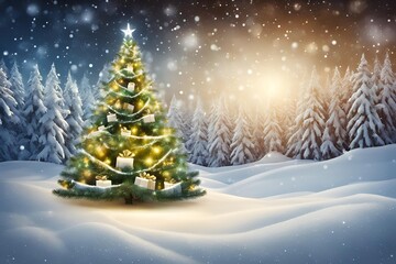 Christmas Tree On Snow At Night With Shiny Star And Gift Boxes In Winter Forest - Winter Abstract