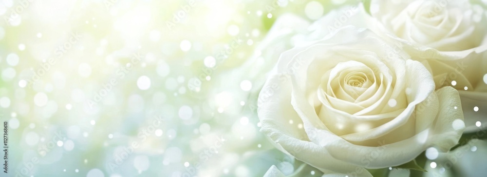 Poster a serene image of white roses with a soft, dreamy background of light and bokeh.