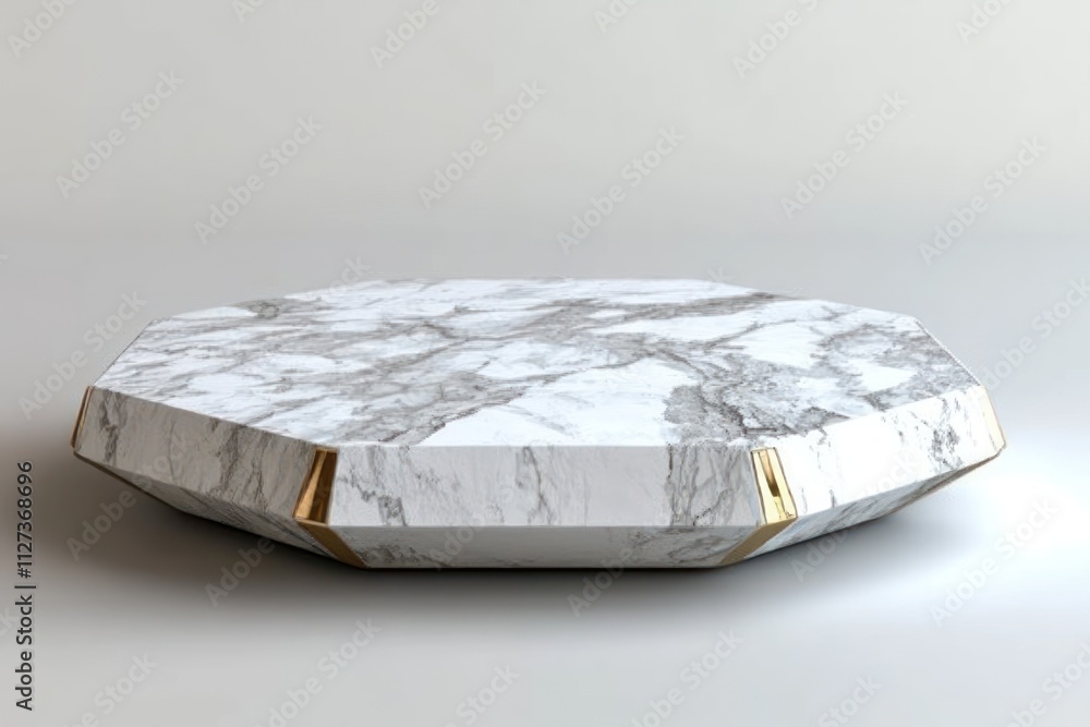 Aufkleber a modern octagonal coffee table with a marble surface and gold accents.