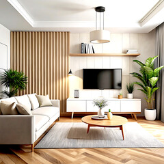 Minimalist interior design of modern living room with abstract art frame.