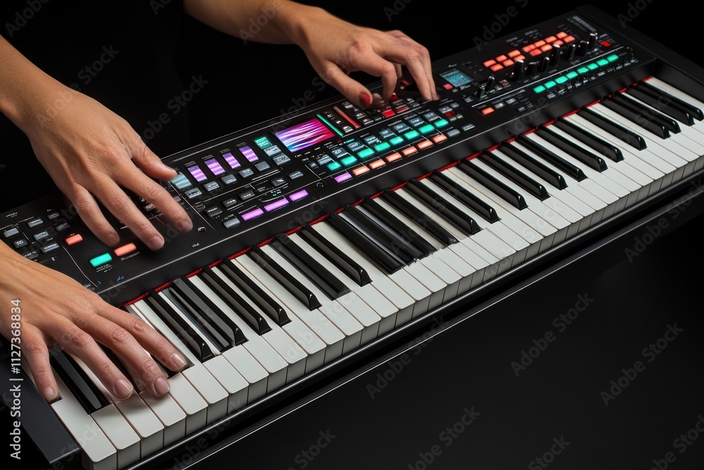 Poster A person playing a synthesizer with colorful controls and keys.