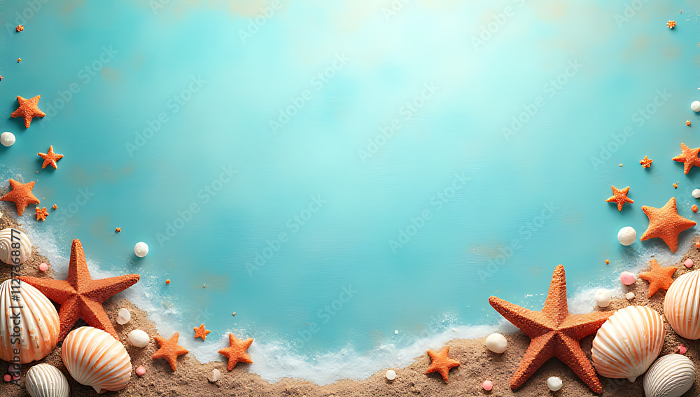 Poster summer vibes abound in this abstract design featuring seashells, starfish, and beach decorations aga