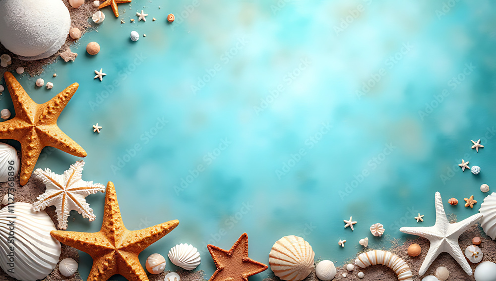Poster summer vibes abound in this abstract design featuring seashells, starfish, and beach decorations aga
