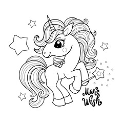 Cartoon unicorn holding a magic wand. Inscription make a wish. For children's design of coloring books, prints, posters, cards, stickers, puzzles, etc. Vector illustration.