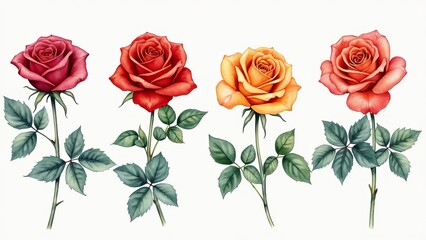 Naklejka premium Set of four different colors roses on white background, watercolor illustration.