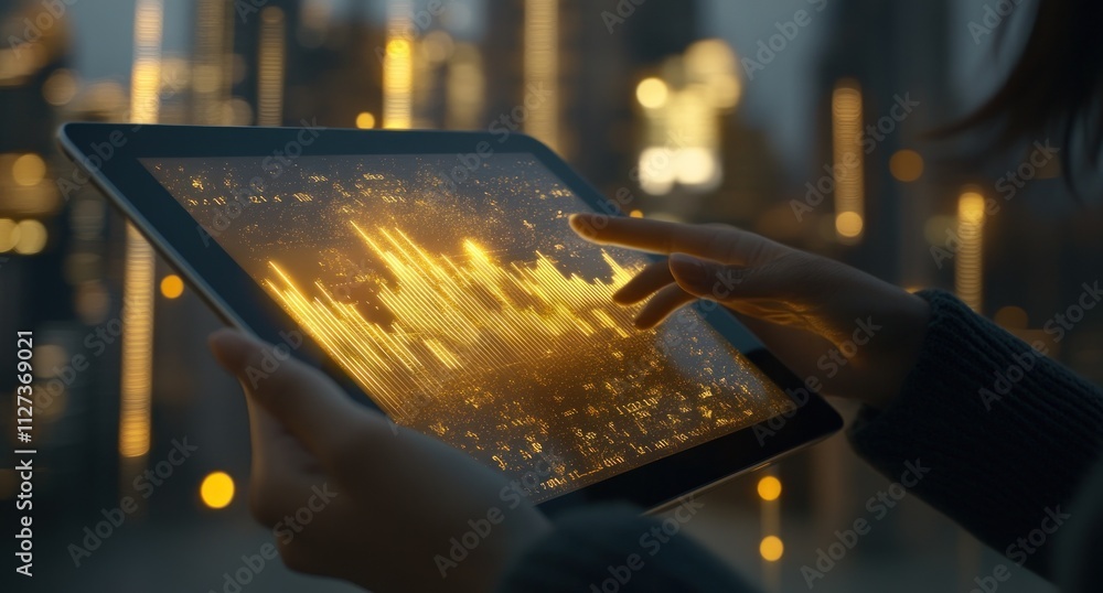Poster A person interacts with a tablet displaying dynamic visual data against a city backdrop.